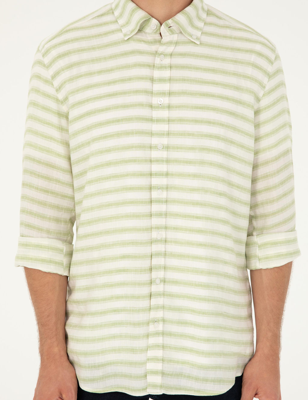 Ye_il Keten Kar___ml_ Slim Fit Uzun Kollu G_mlek
