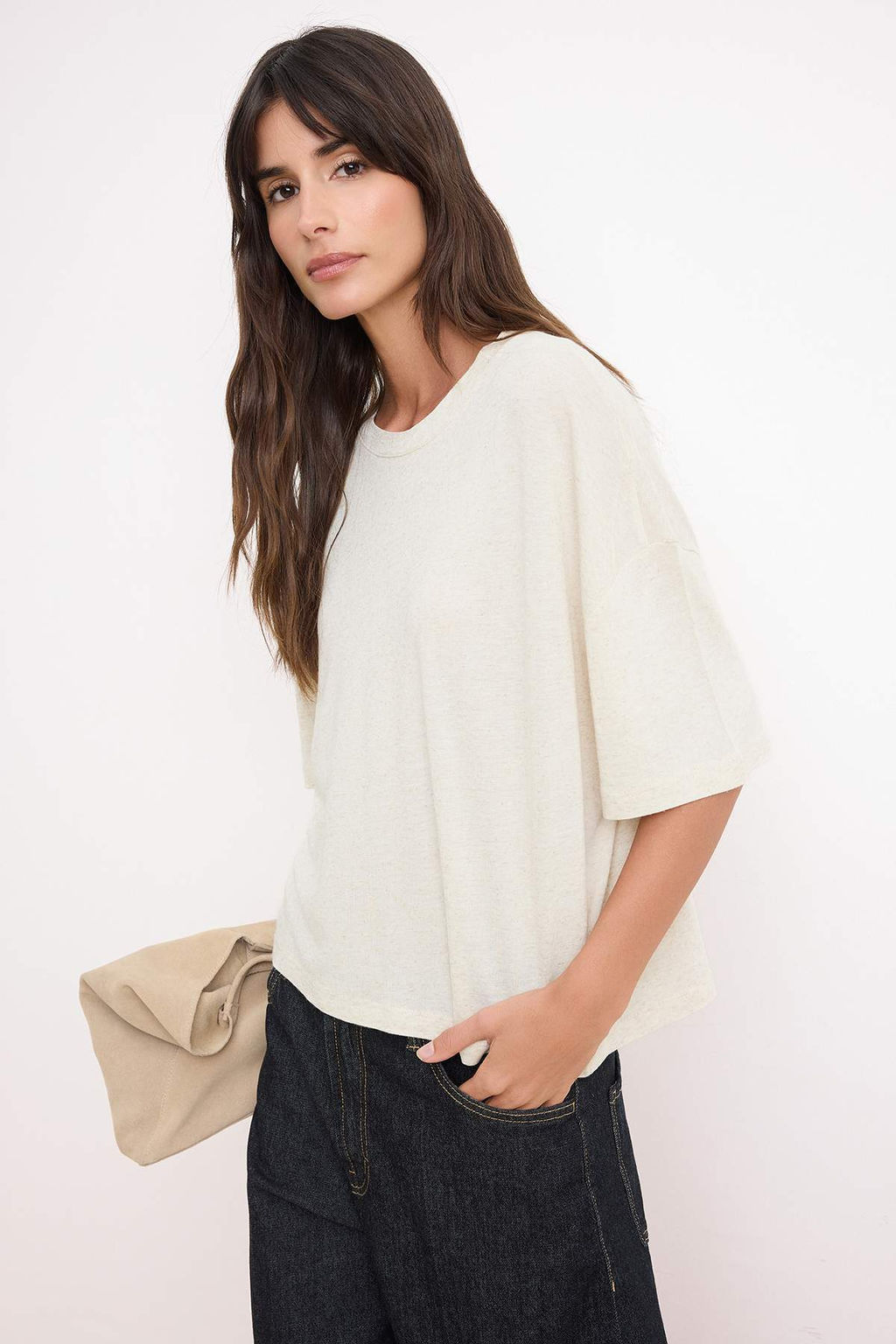 Bej Melanj Relaxed/Rahat Kal?p K?sa Kollu Ketenli Orme T-Shirt TWOSS26TS00093 - Trendyolmilla фото 2