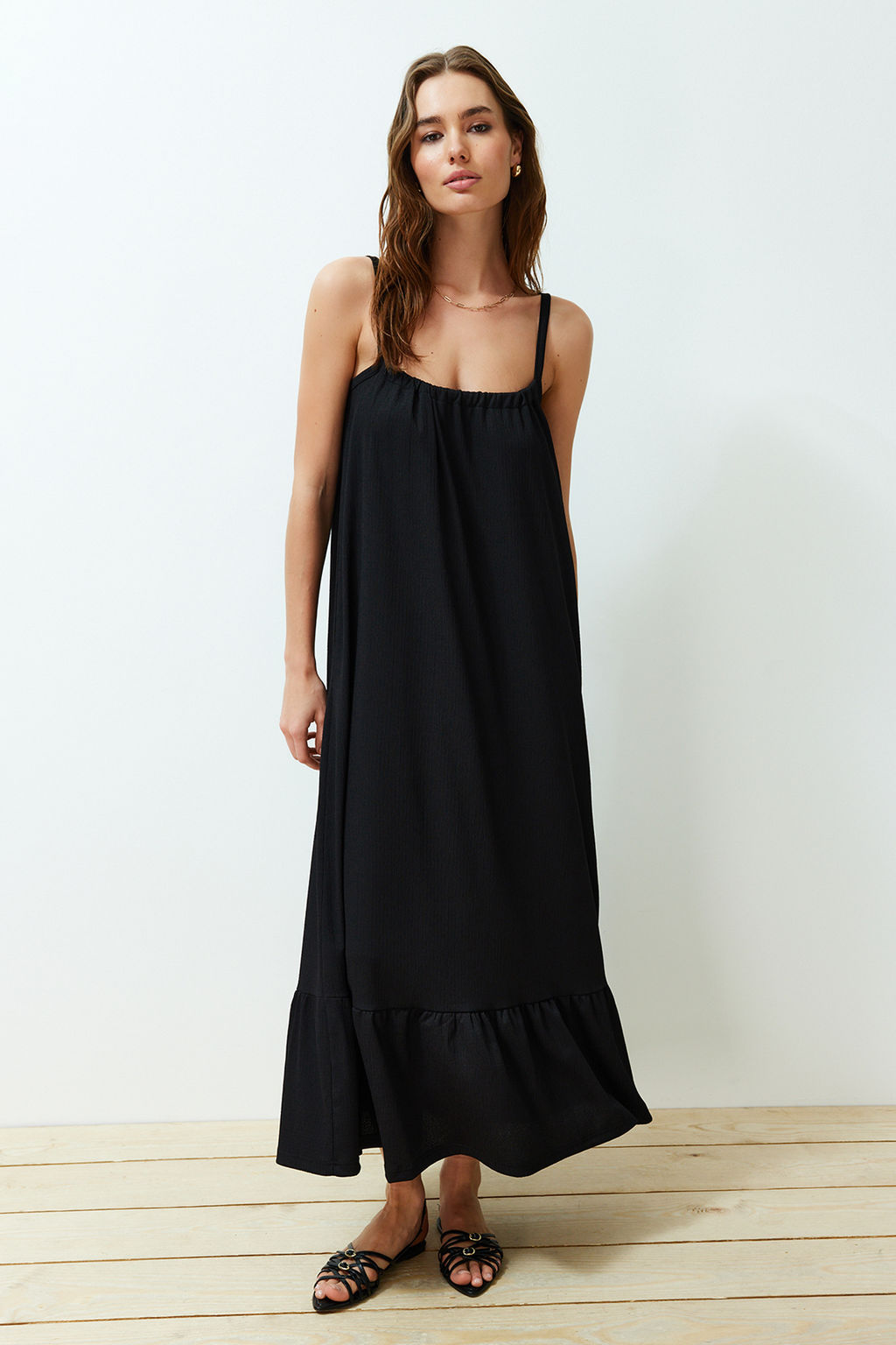 TRENDYOLMILLA Siyah S?rt Detayl? Ask?l? Burumcuk/Dokulu Maxi Orme Elbise TWOSS24EL00259  фото 11