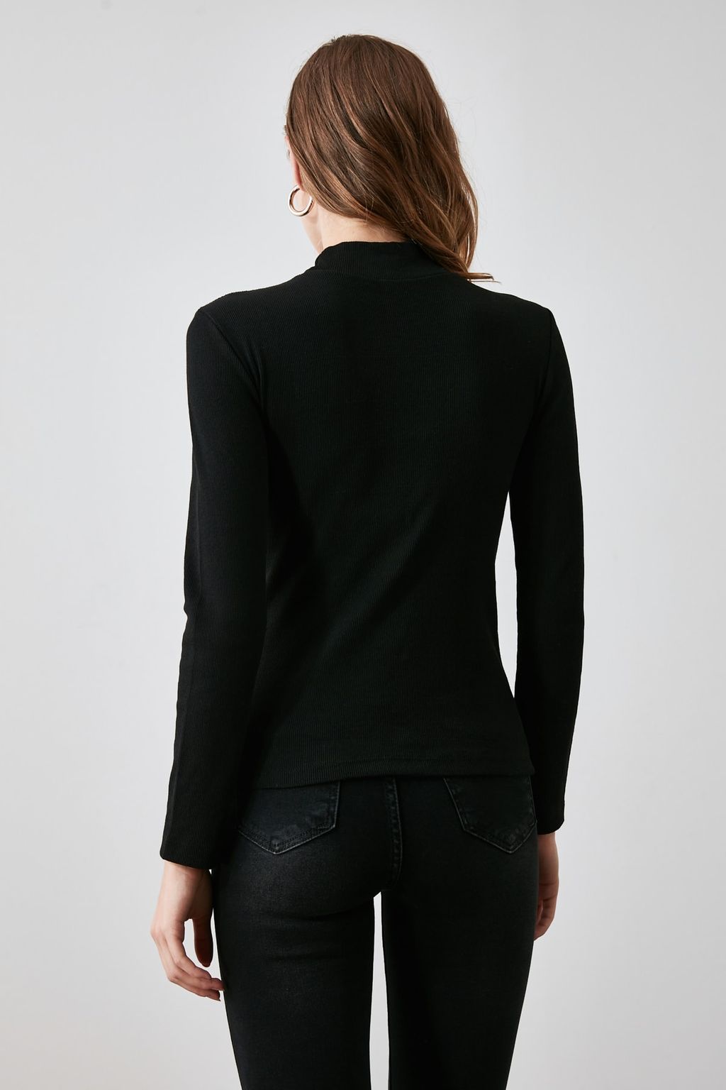 Siyah Fitted/Vucuda Oturan Dik Yaka Uzun Kol Fitilli Esnek Orme Bluz TWOAW21BZ0423