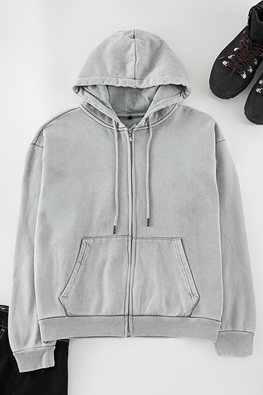 TRENDYOL MAN Gri Oversize/Genis Kesim Fermuarl? Crop/K?sa Kapusonlu Sweatshirt TMNAW25SW00171 - Trendyolmilla фото 6