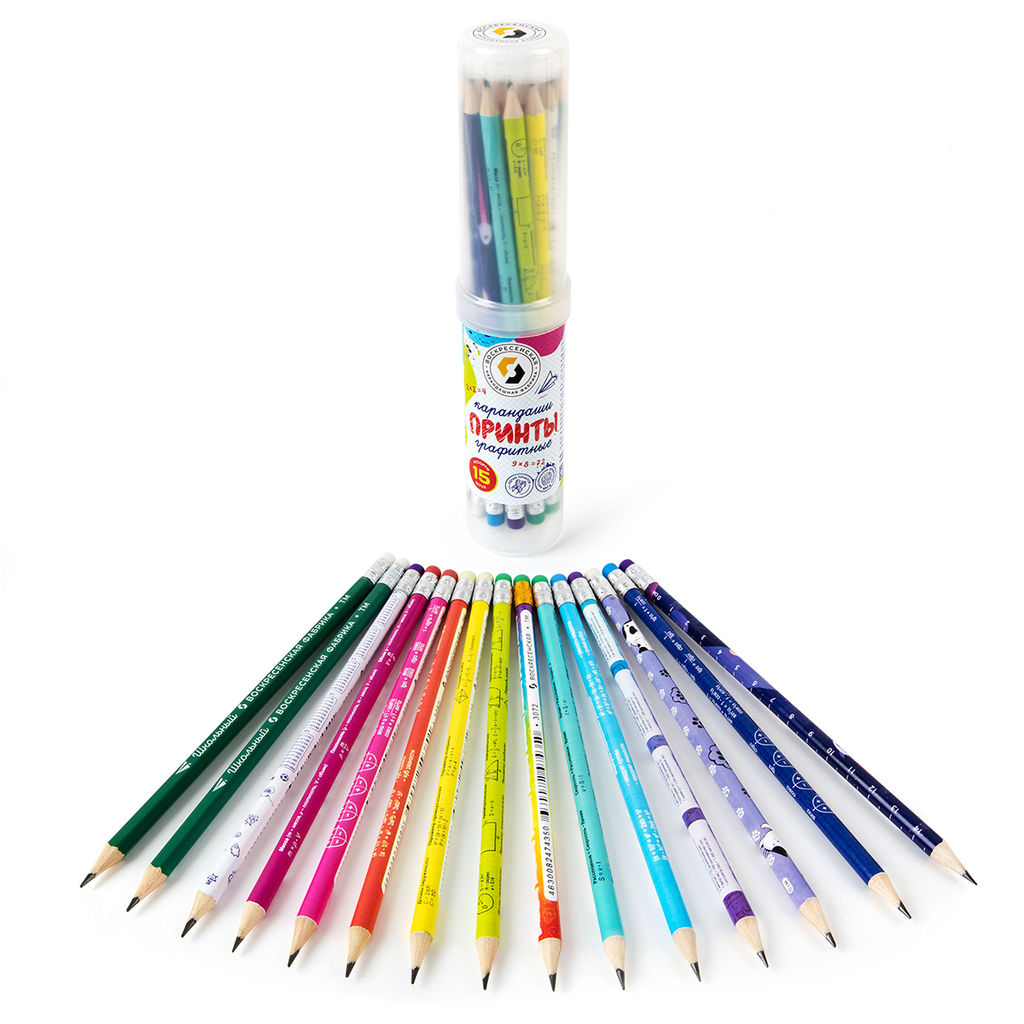 ВКФ Принты 1-PR-15Т Набор графитных карандашей с ластиком ассорти в тубусе заточенный ТМ (HB) 2 х 15 шт. Школьные