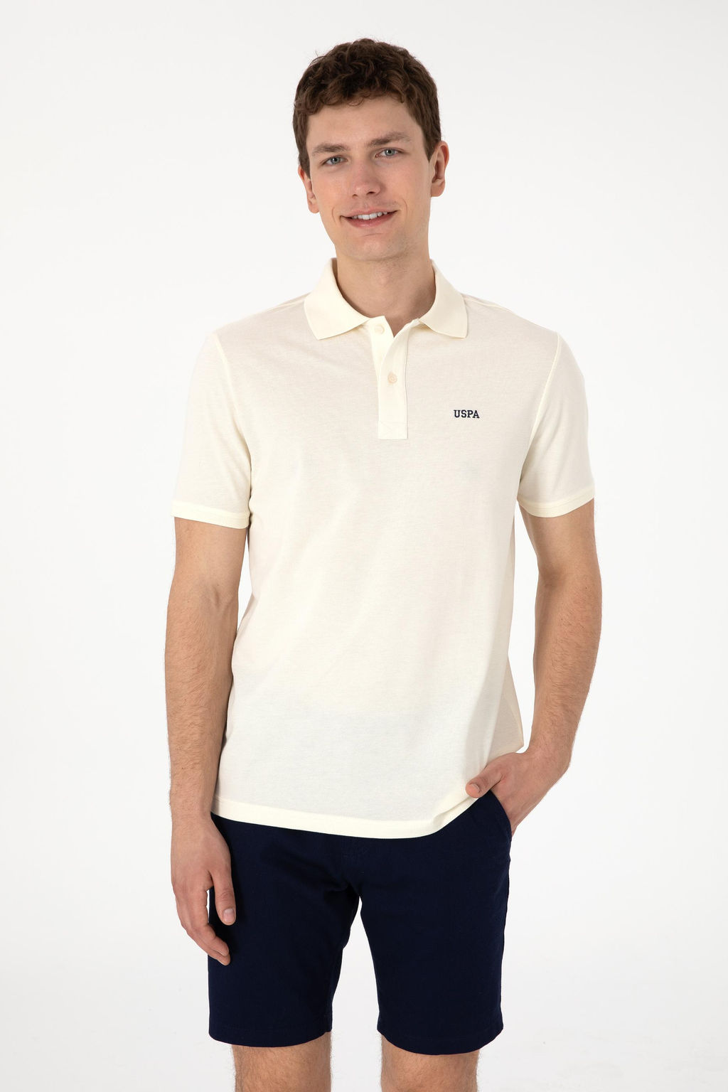 Erkek Regular Fit Polo Yaka Krem Basic Ti__rt