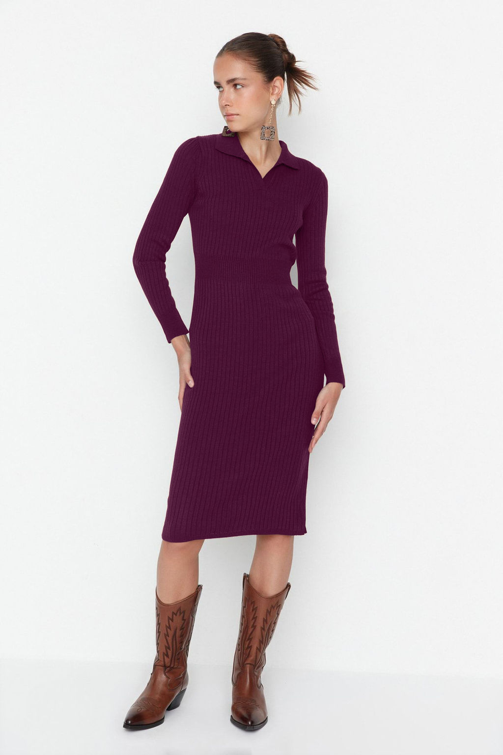 TRENDYOLMILLA Siyah Midi Triko Polo Yaka Elbise TWOAW22EL1376  фото 2