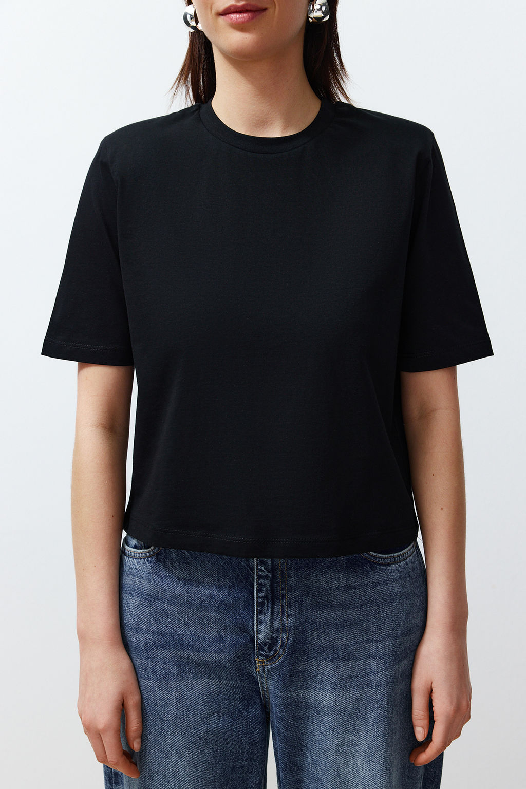 Siyah %100 Kal?n Pamuklu Vatkal? Crop Orme T-Shirt TWOSS24TS00122 - Trendyolmilla фото 5