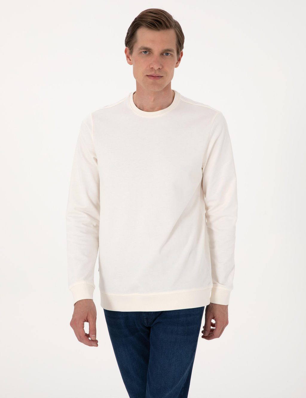 Ekru 2 _plik Regular Fit Bisiklet Yaka Basic Sweatshirt