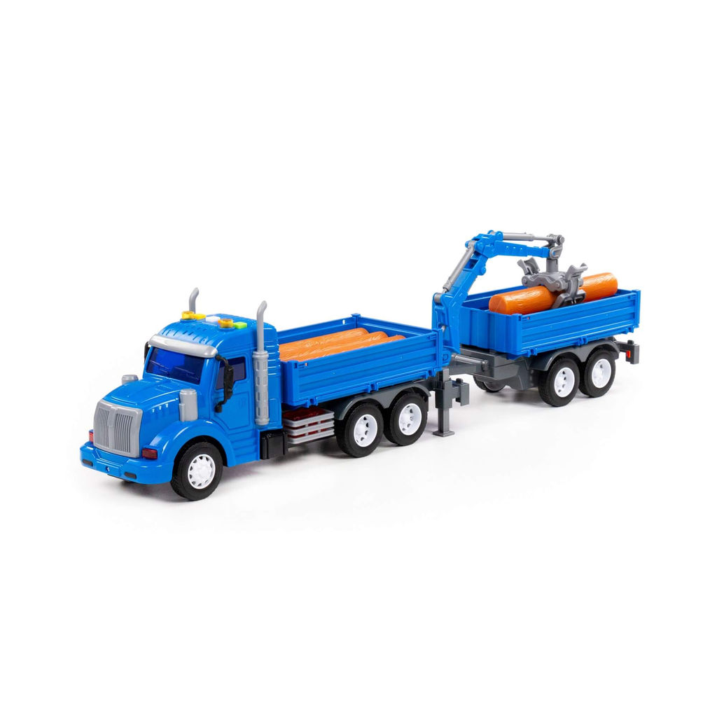 Профи, автомобиль бортовой с манипулятором и прицепом инерционный (со светом и звуком) (синий) (в коробке) - Полесье фото 2