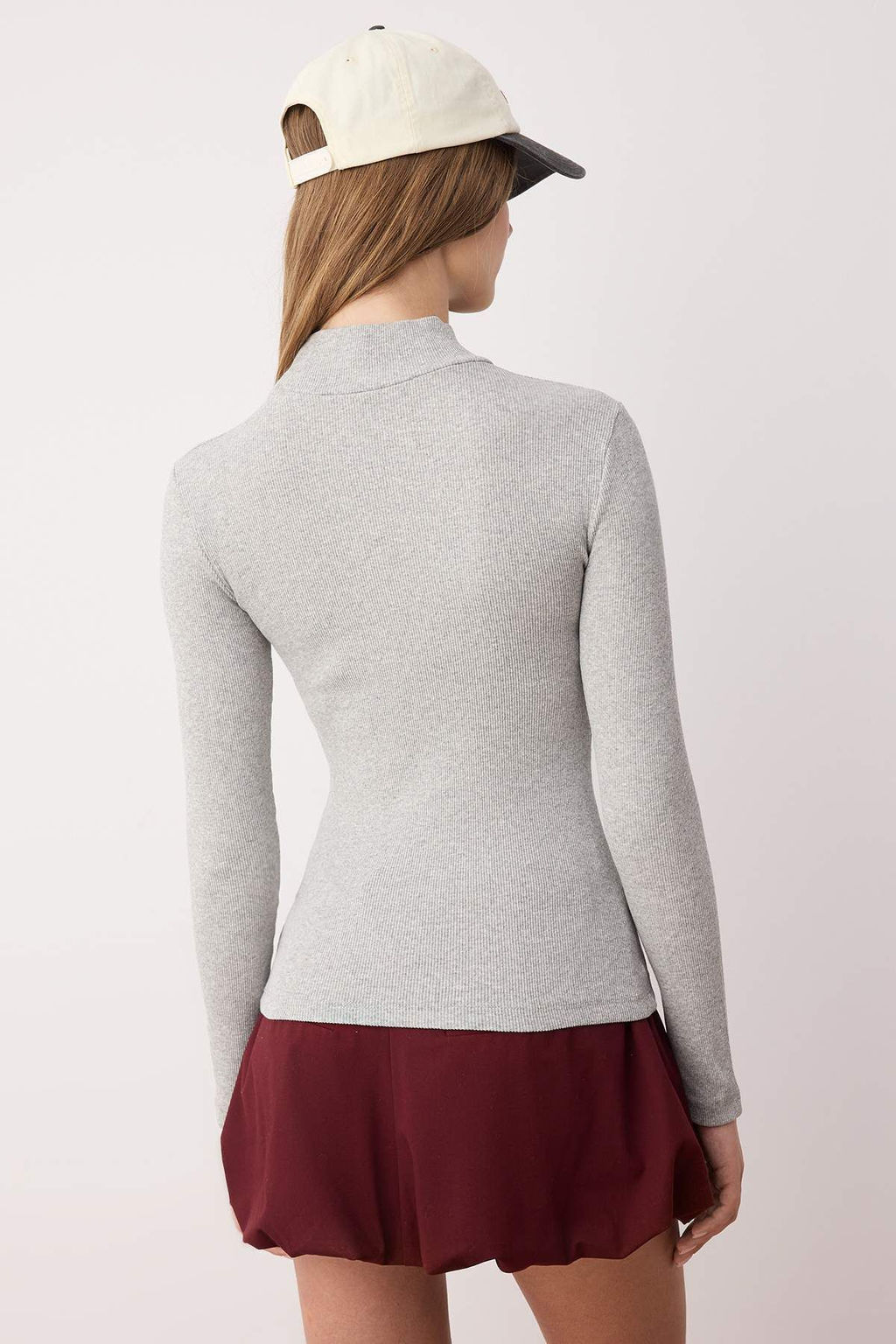 Gri Fitted/Vucuda Oturan Dik Yaka Uzun Kol Fitilli Esnek Orme Bluz TWOAW21BZ0423