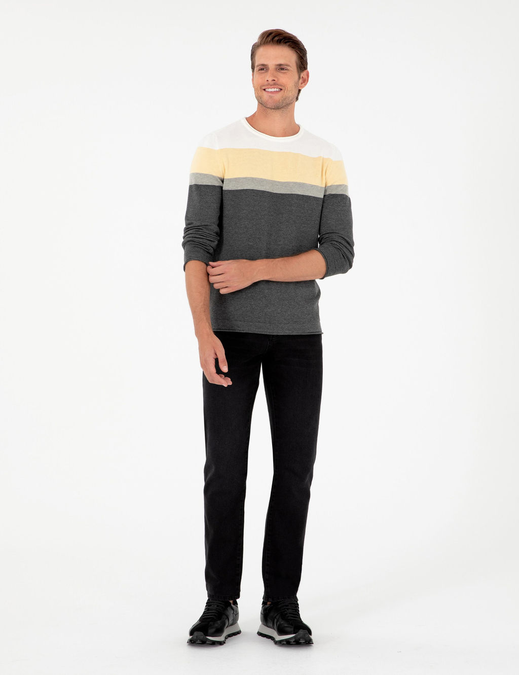 A__k Gri Melanj Slim Fit Bisiklet Yaka Triko Kazak