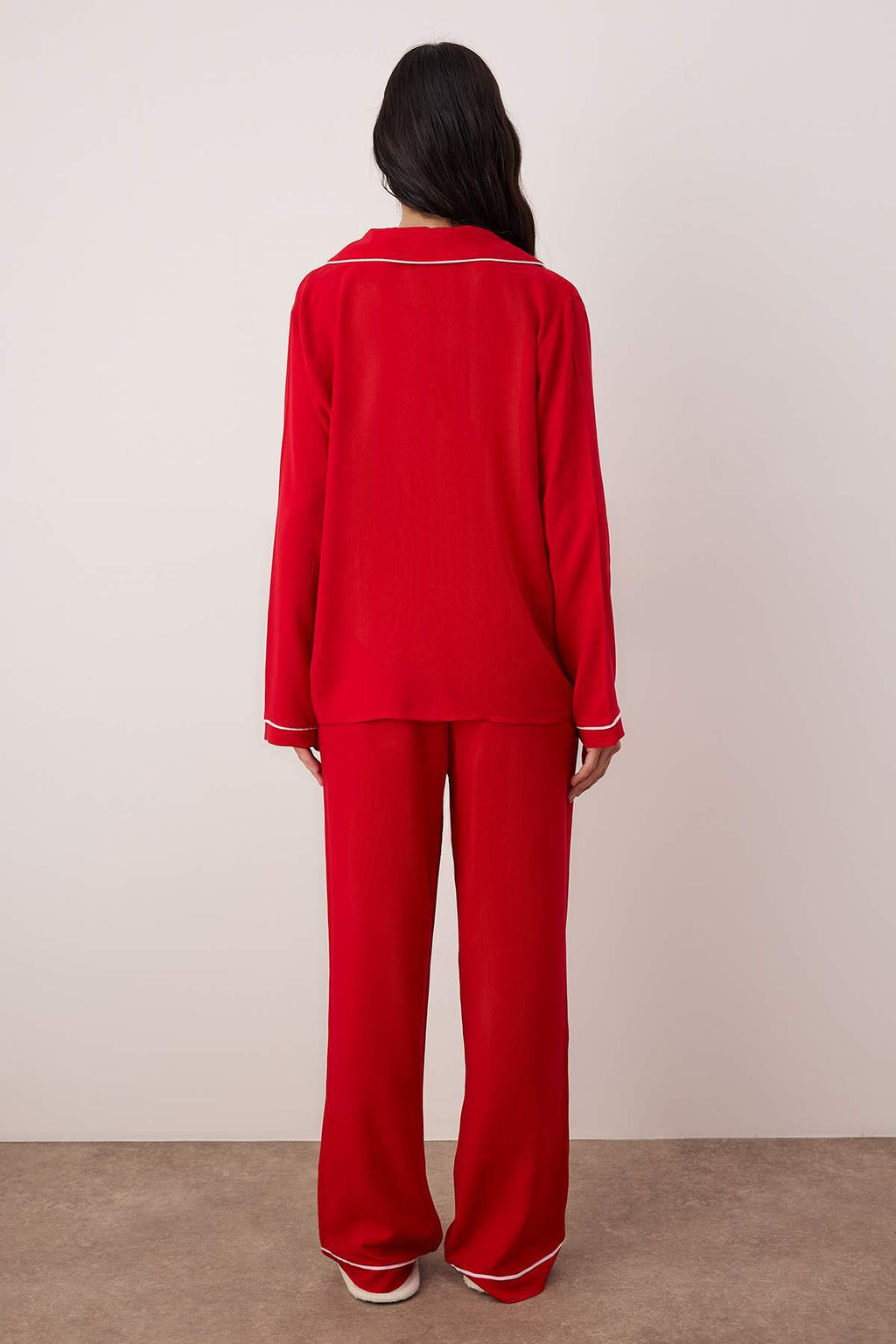 Bordo Kalp Nak?sl? Biyeli Viskon Dokuma Pijama Tak?m? THMAW25PT00179