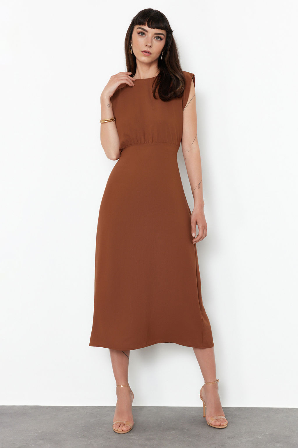 Kahverengi A Kesim Midi Dokuma Elbise TWOSS24EL00601