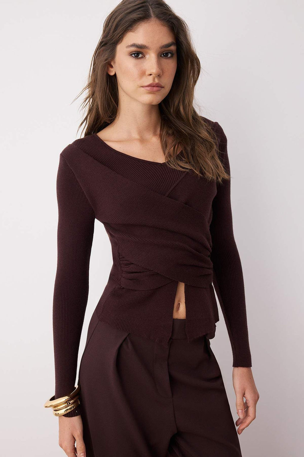 Kahverengi Premium Iplik/Ozel Iplik Fitted/Vucuda Oturan Ustu Drape Triko Kazak TWOAW26KZ00061