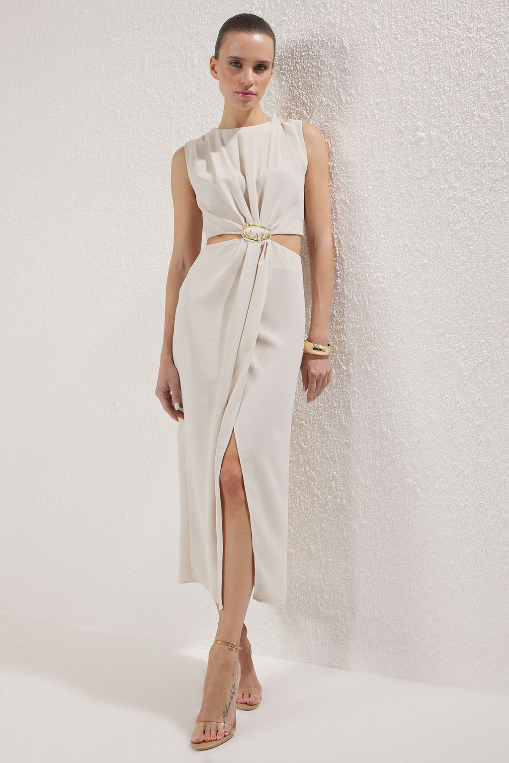 TRENDYOLMILLA Yag Yesili A Kesim Cut Out ve Aksesuar Detayl? Maxi Dokuma Krep Elbise TWOSS25EL00017 фото 7