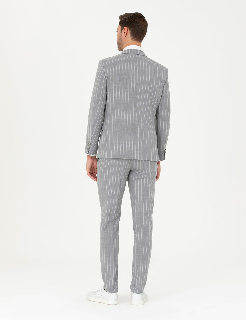 Gri Extra Slim Fit _izgili Y_n Kar___ml_ Tak_m Elbise