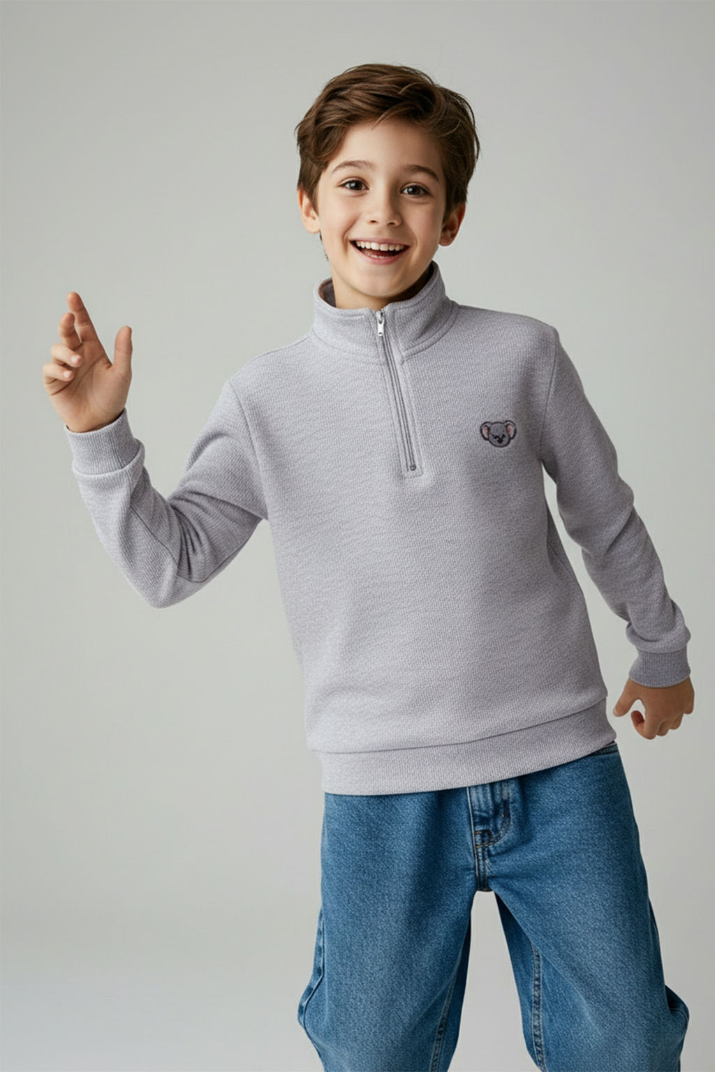 Gri Melanj Erkek Cocuk Pamuklu Bask?l? Dik Yaka Regular Orme Sweatshirt TKDAW26SW00038