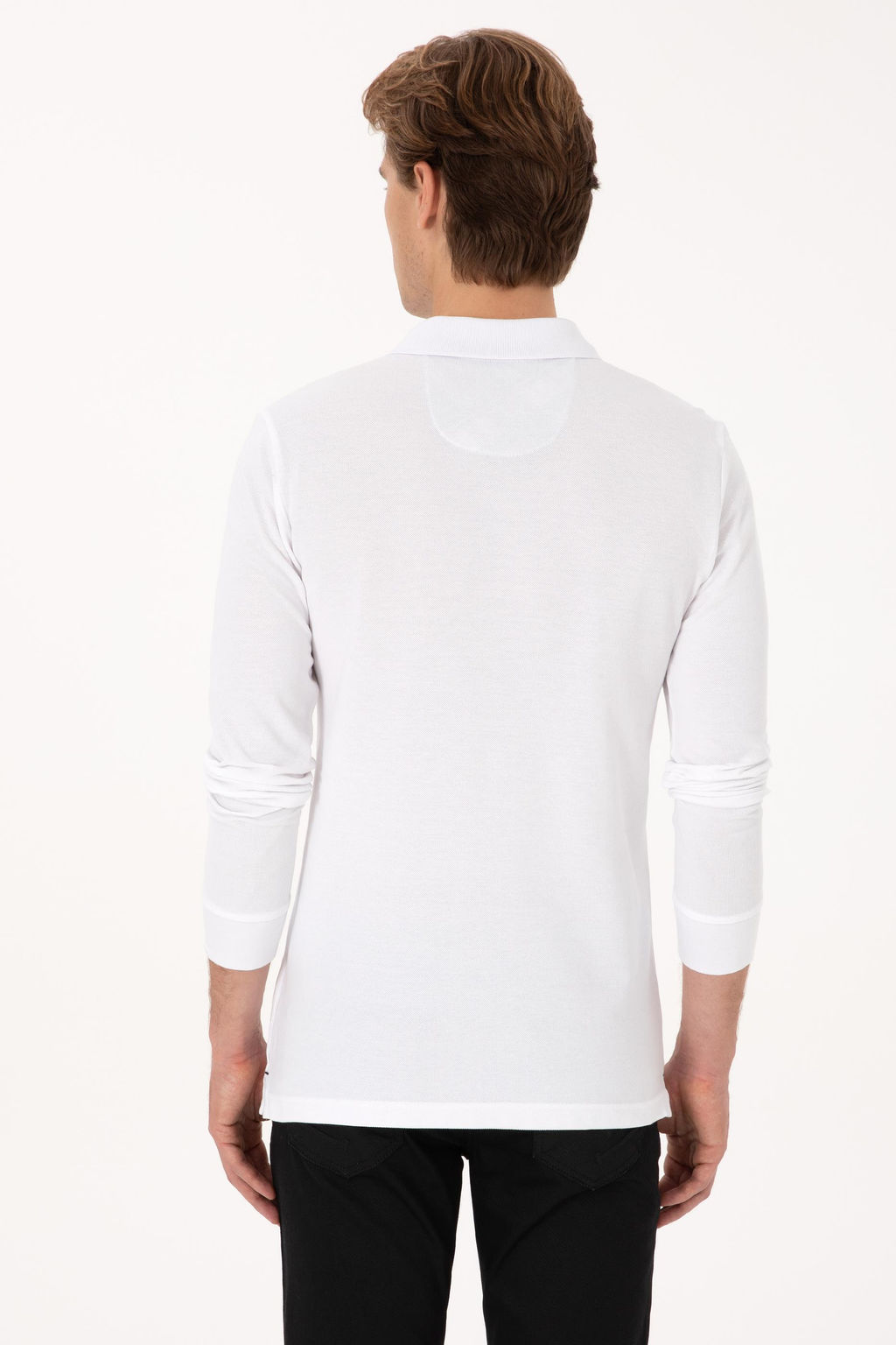 Erkek Slim Fit Polo Yaka Beyaz Basic Sweatshirt
