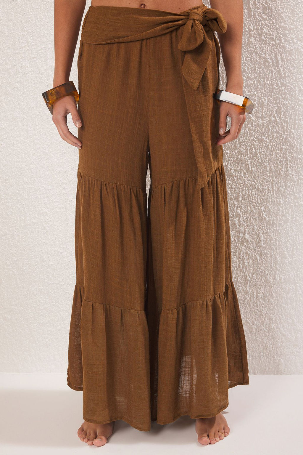 Trendyolmilla Kahverengi Dokuma Baglama Detayl? Volanl? Plaj Pantolon TBESS25PL00009 фото 3