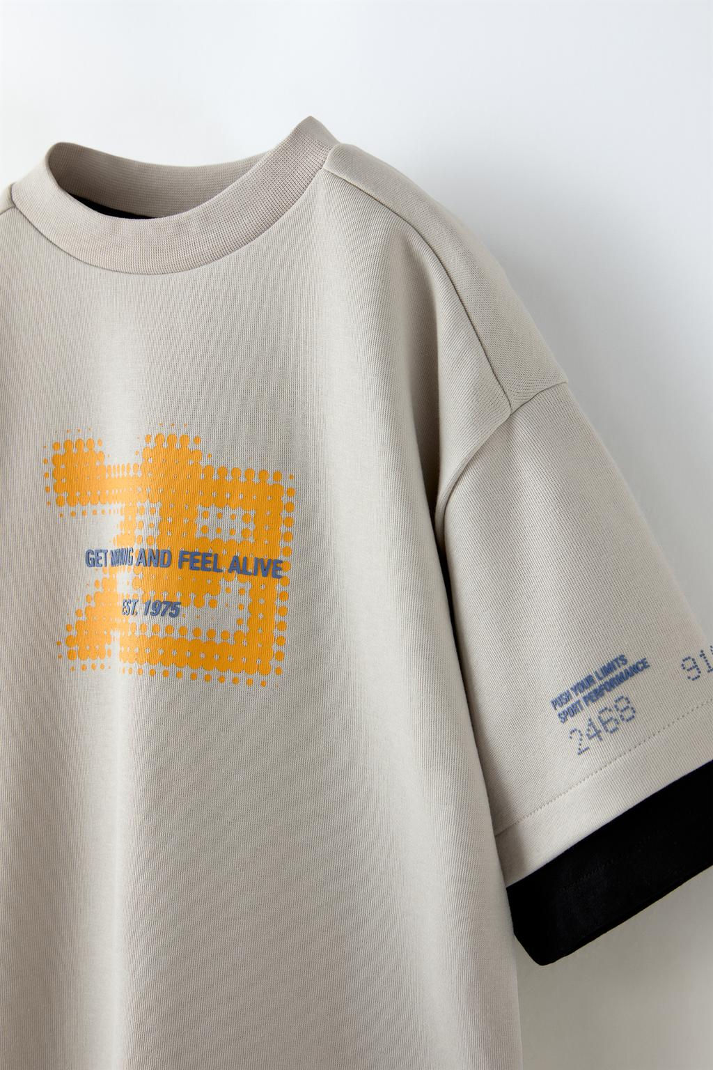 DOUBLE-SLEEVE T-SHIRT WITH TEXTURED SLOGAN - Zara фото 3