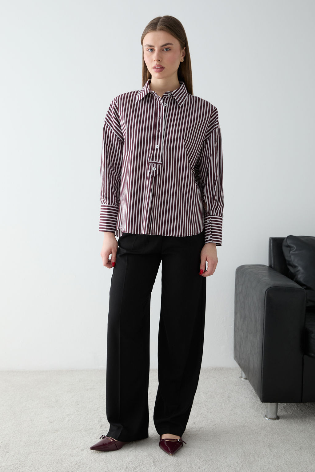 Koyu Kahverengi-Ekru Cizgili Yar?m Dugmeli Oversize Dokuma Bluz TWOSS26BZ00565 - Trendyolmilla фото 12