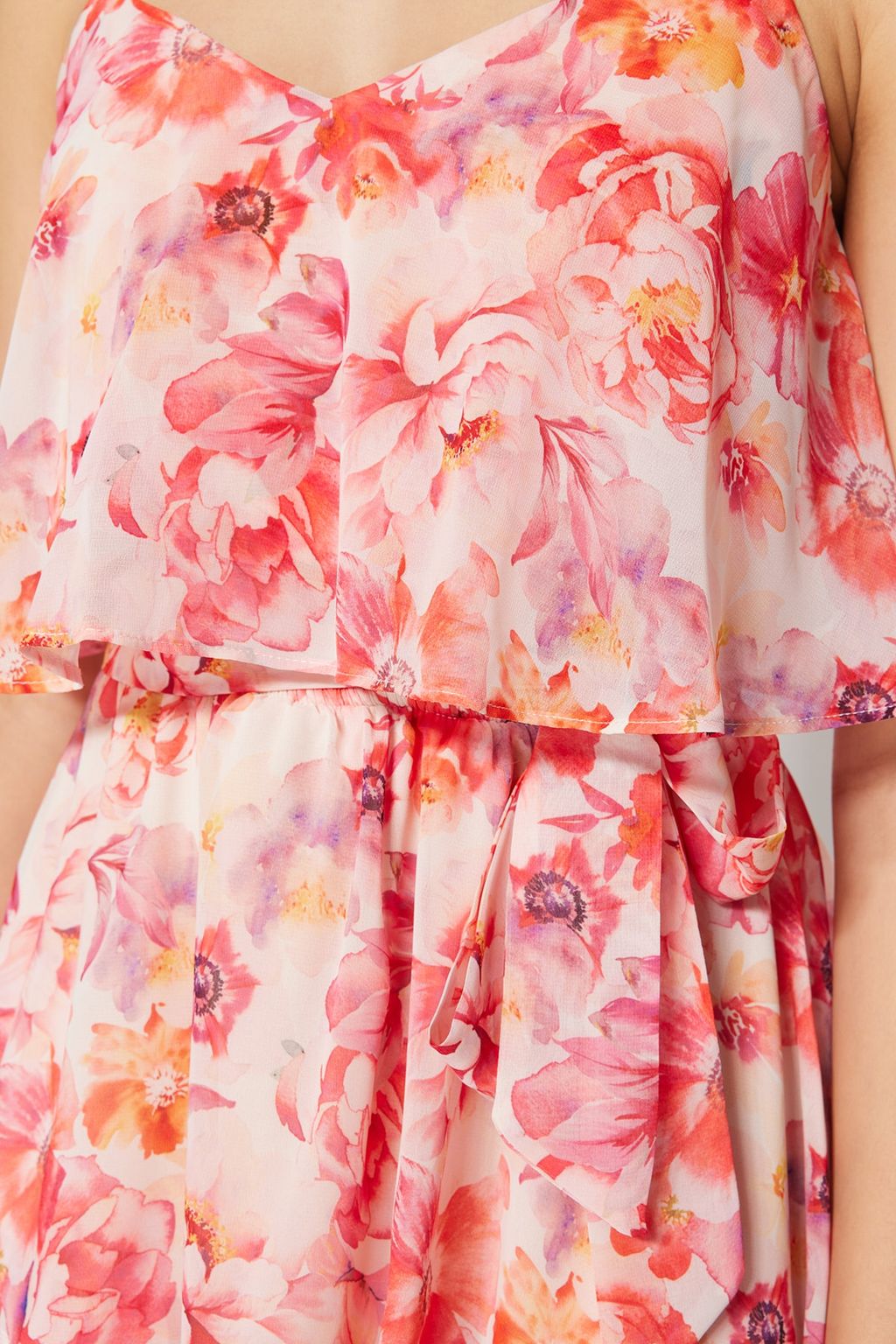 Pembe Cicek Desenli Belden Ac?lan Boho Astarl? Sifon Ucus Ucus Dokuma Mini Elbise TWOSS23EL01445