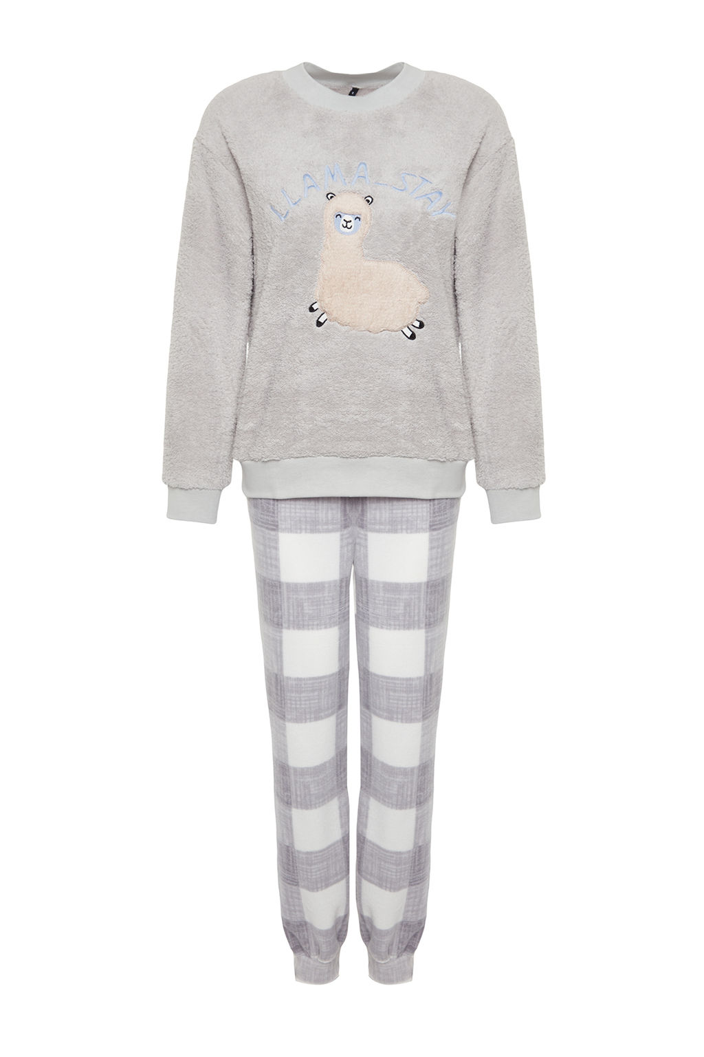 Trendyolmilla Gri Wellsoft Lama Desenli K?sl?k Orme Pijama Tak?m? THMAW24PT00029
