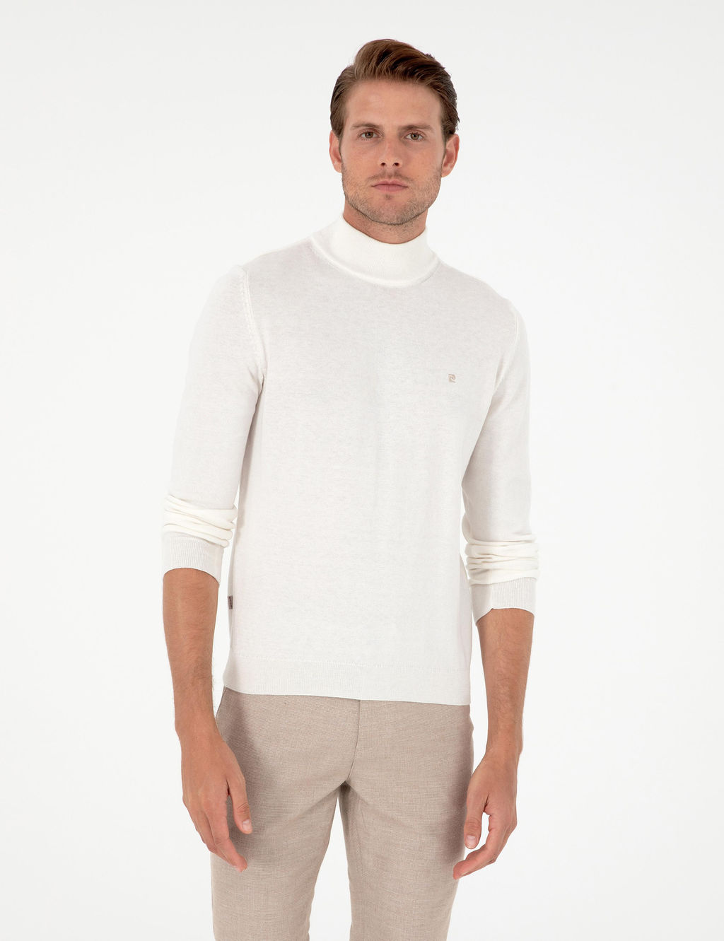 Ekru Slim Fit Yar_m Bal_k__ Yaka Basic Triko Kazak