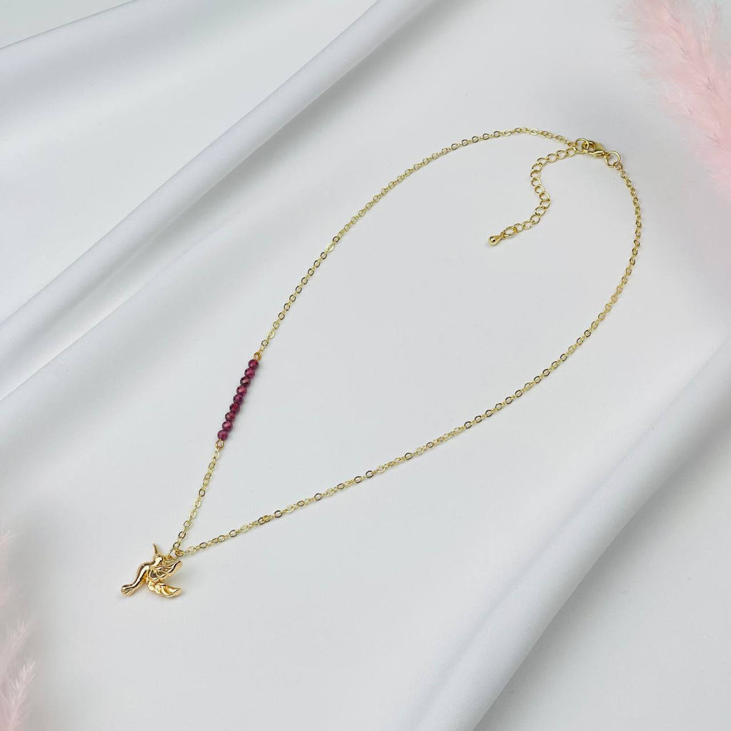 Колье на цепочке с камнем Гранат и подвеской "Колибри" 42 см +