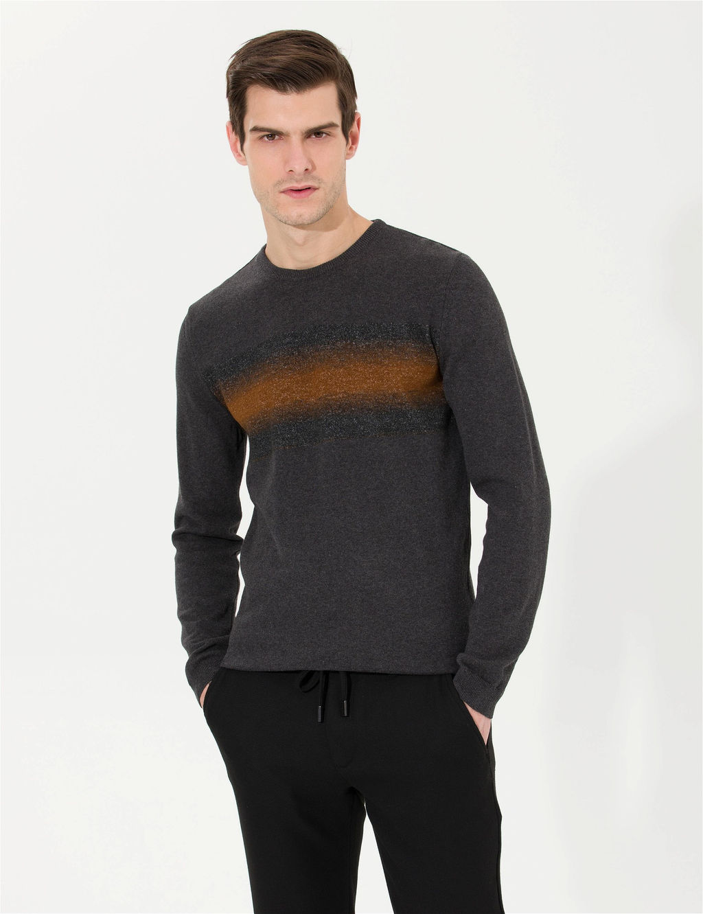 Antrasit Melanj Slim Fit Bisiklet Yaka Triko Kazak