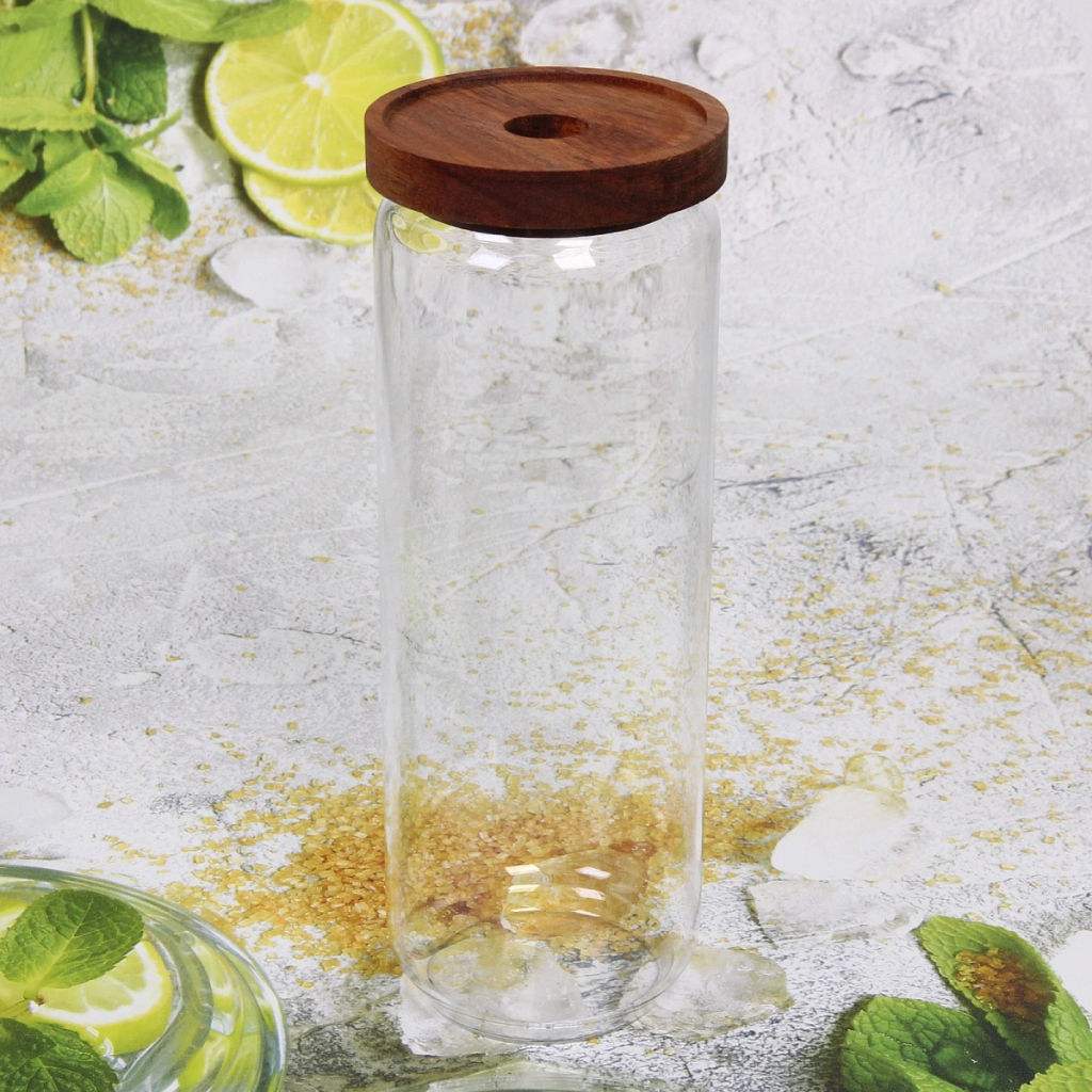 Банка для продуктов стеклянная 1300мл "Хай-Тек" с крышкой из акации 9*25см