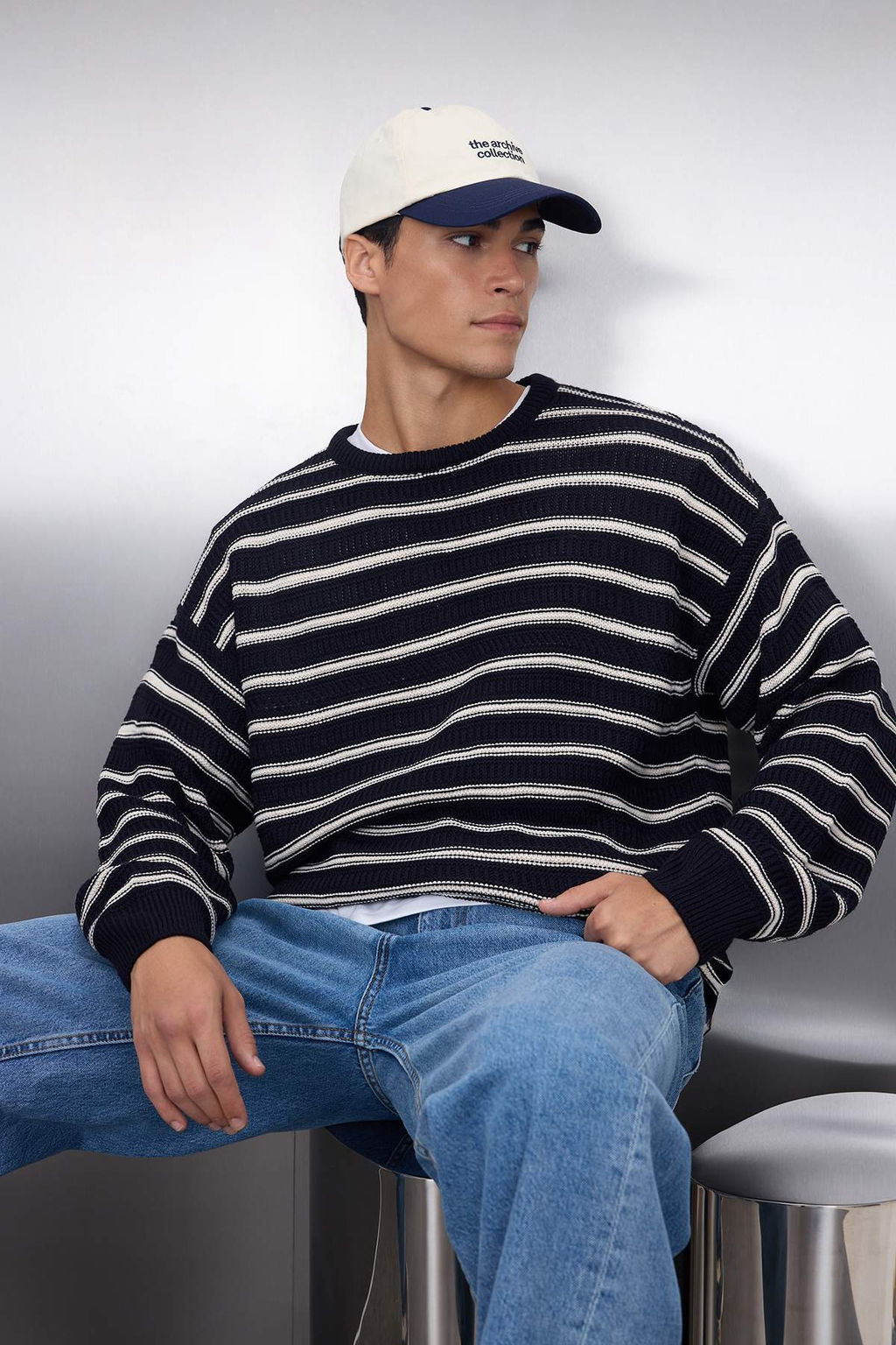 TRENDYOL MAN Lacivert Casual Unisex Oversize Bisiklet Yaka Cizgili Triko Kazak TMNAW25KZ00025 - Trendyolmilla фото 21