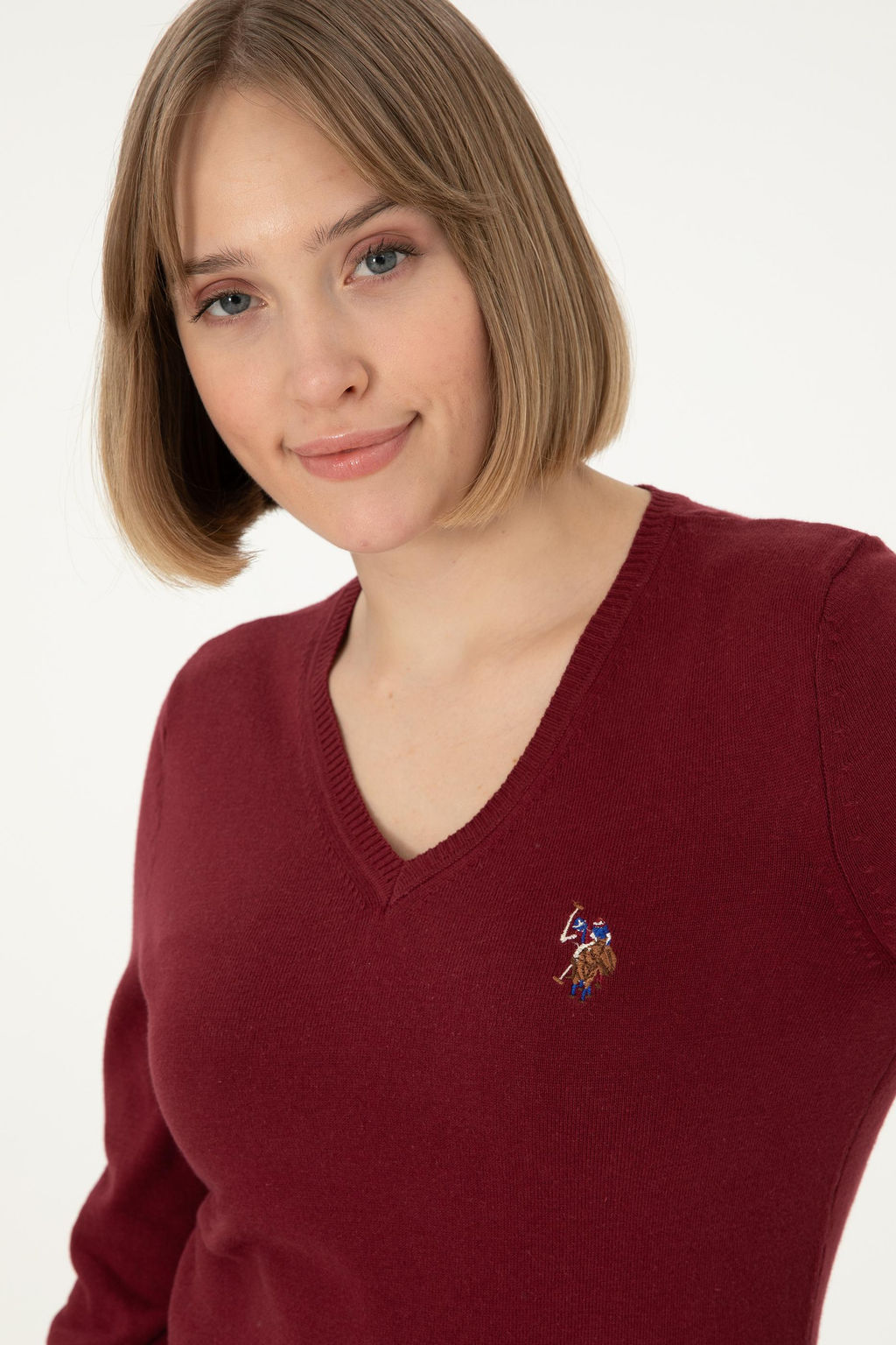 Женский бордовый базовый свитер с v-образным вырезом Неожиданная скидка в корзине - U.s. polo assn фото 2