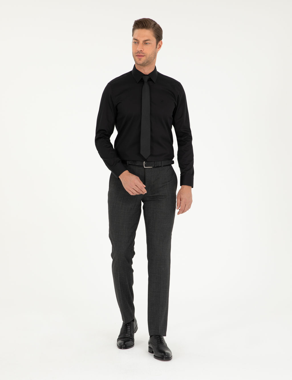Siyah %100 Pamuk Parlak Saten Slim Fit Uzun Kollu Basic G_mlek