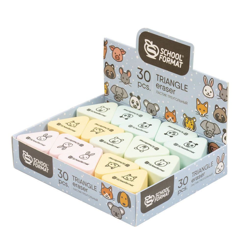 Цена за 5 шт.Ластик Schoolformat ANIMALS 33х33х13 мм, ассорти, треугольный, в дисплее