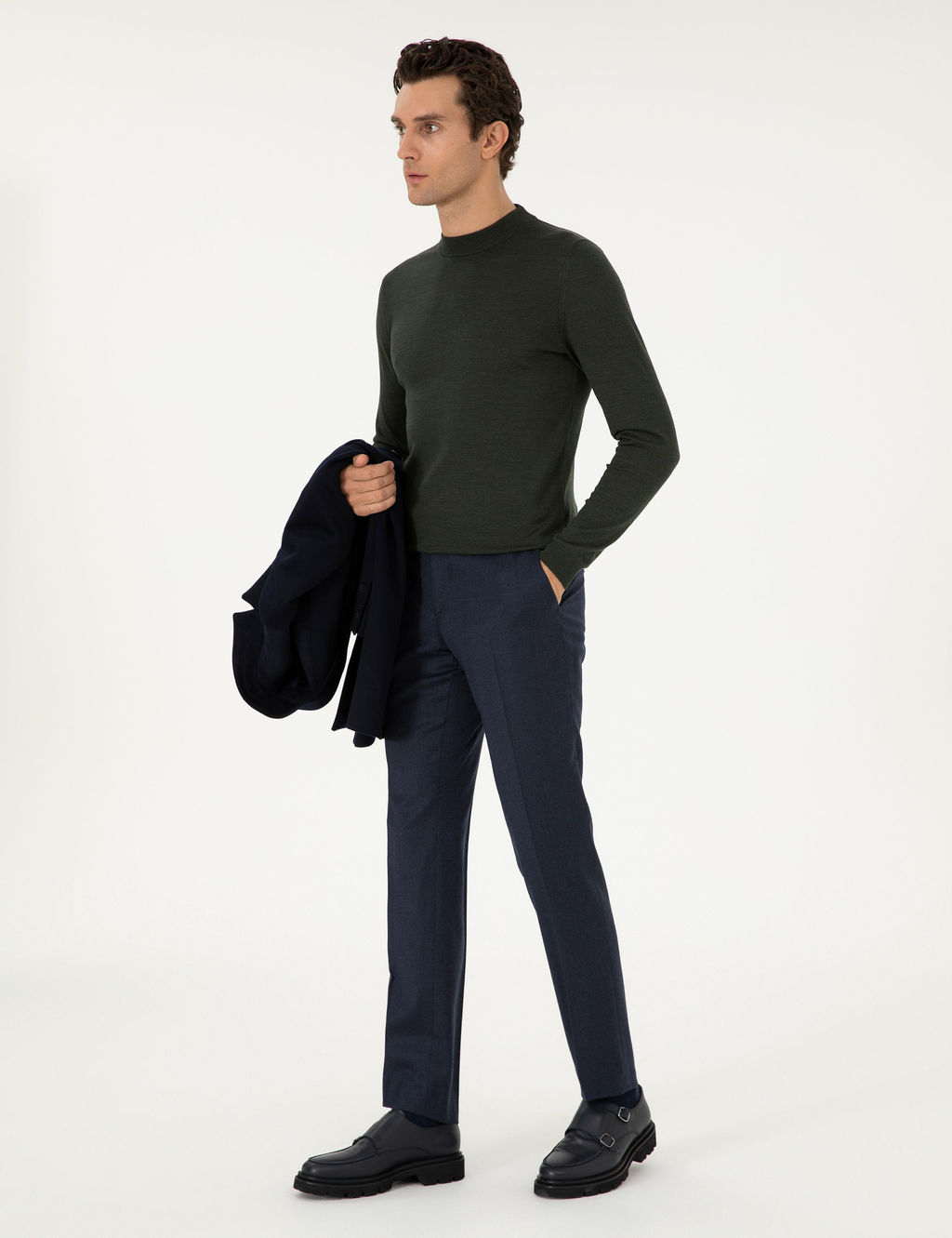Haki Slim Fit Y_n Kar___ml_ _eyrek Bal_k__ Yaka Basic Triko Kazak