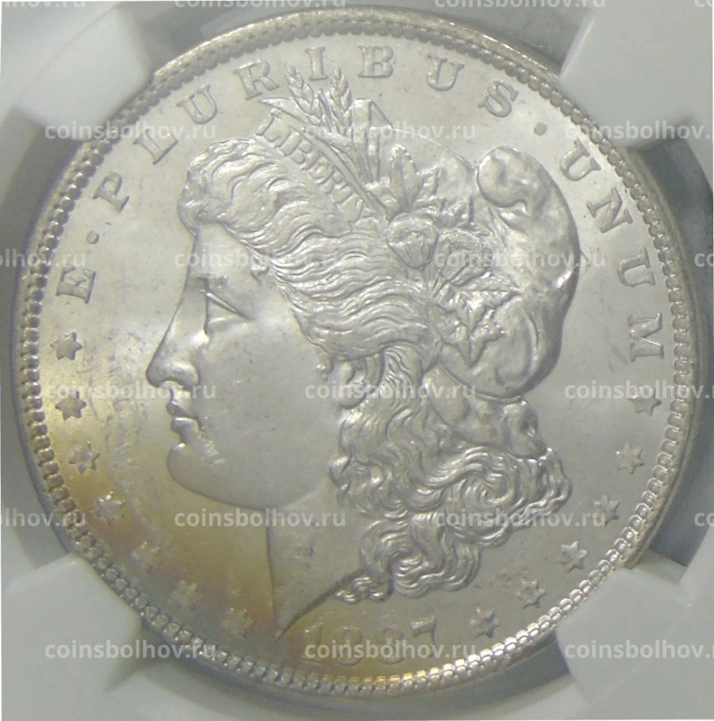 1 доллар 1887 года США Доллар Моргана (в слабе NGC MS 63)
