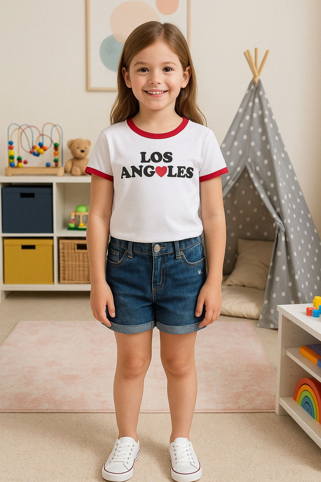 Ekru K?z Cocuk %100 Pamuk Slogan Bask?l? Biye Detayl? K?sa Kol Orme T-Shirt TKDSS25TS00115