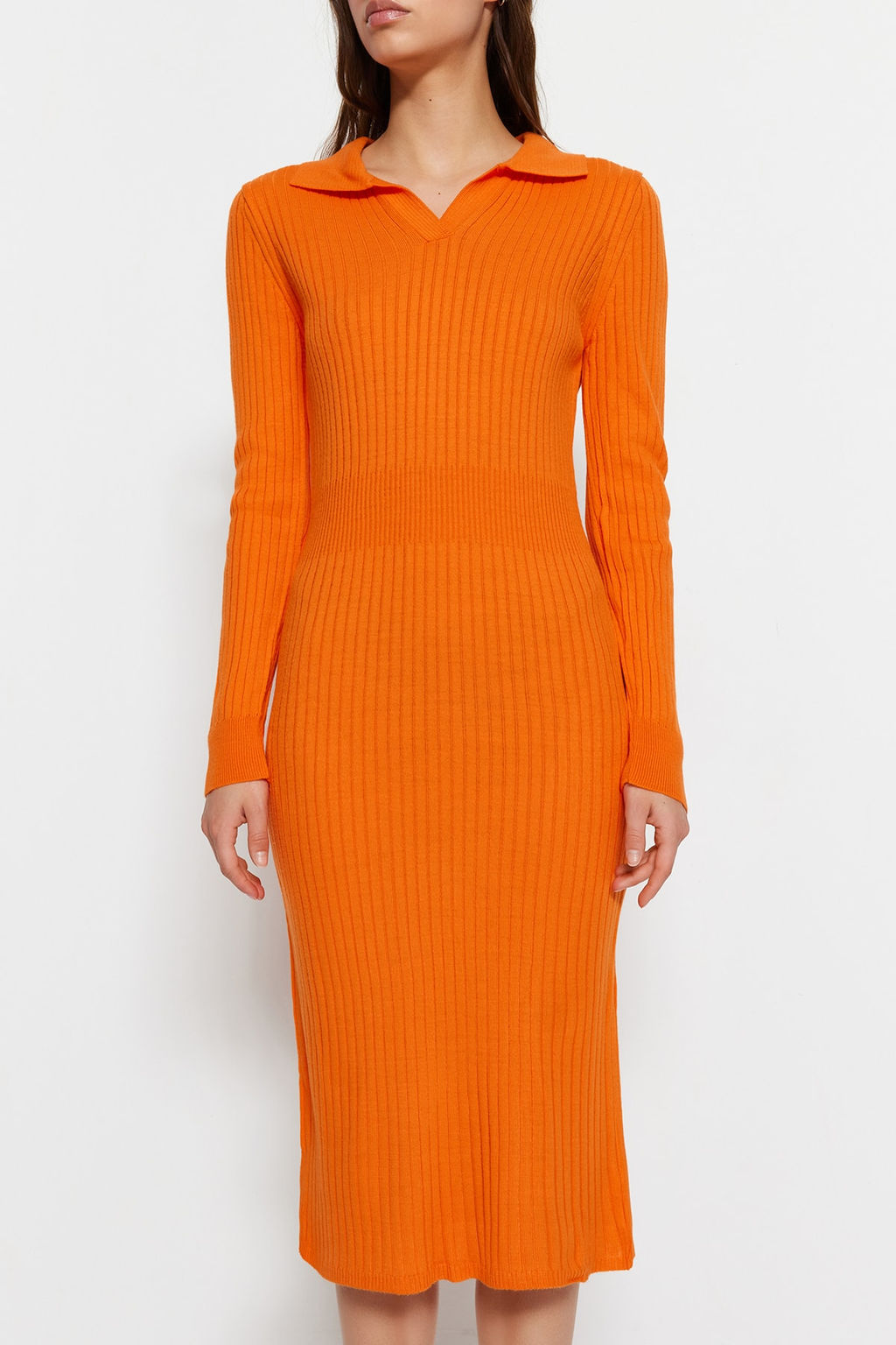 Turuncu Midi Triko Polo Yaka Elbise TWOAW22EL1376