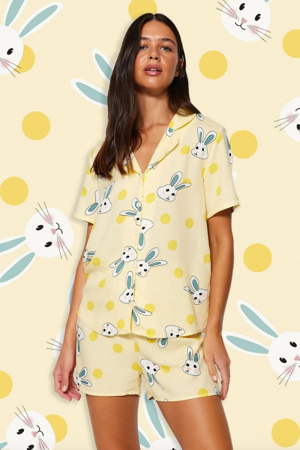 Trendyolmilla Sar? Tavsan Desenli Viskon Sortlu Dokuma Pijama Tak?m? THMSS23PT00235