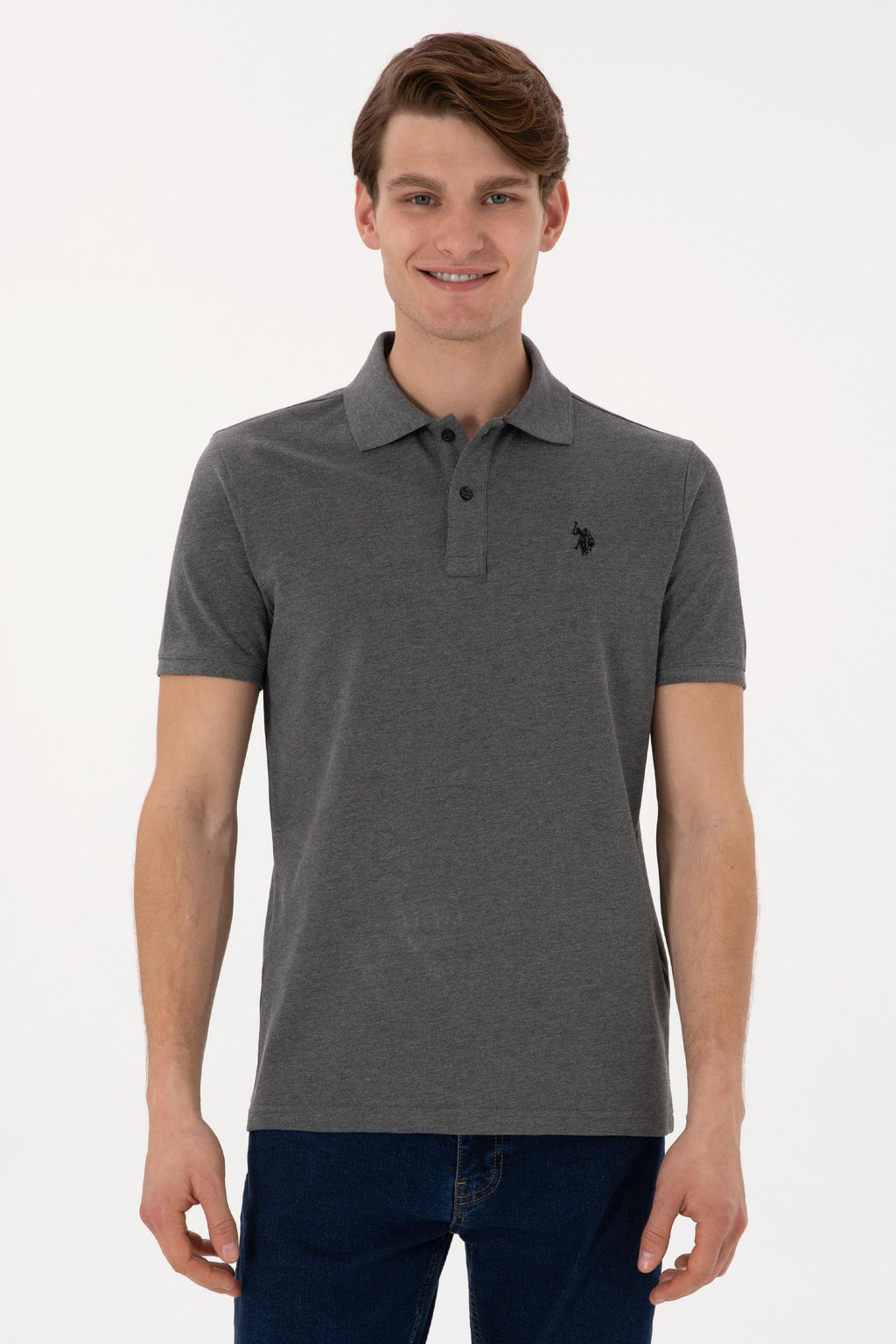 Erkek Slim Fit Polo Yaka Antrasit Melanj Basic Ti__rt Sepette S_rpriz _ndirim