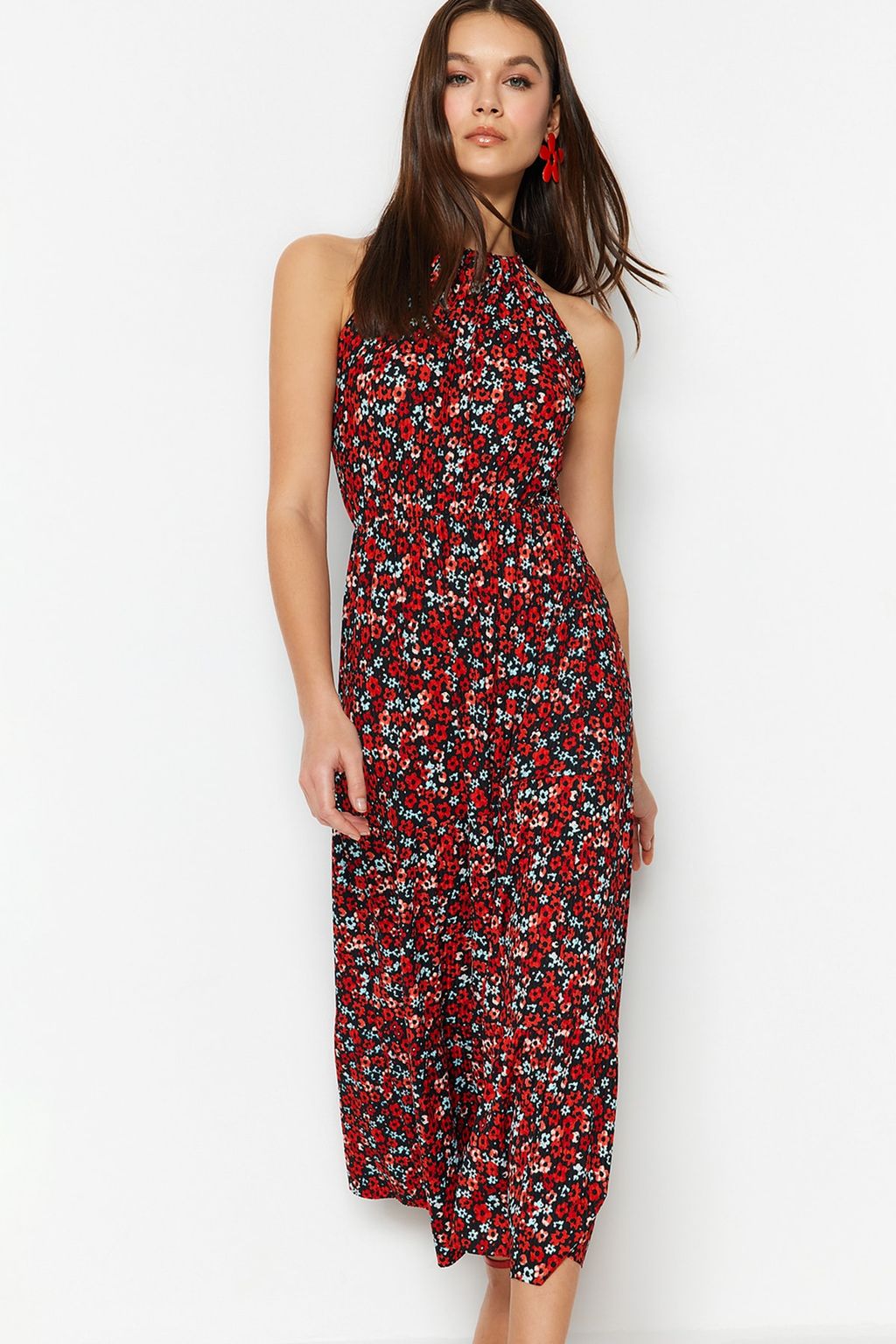 TRENDYOLMILLA Cok Renkli Cicek Desenli Boyundan Baglamal? Bask?l? A-Line Maxi Orme Elbise TWOSS23EL00705 фото 2