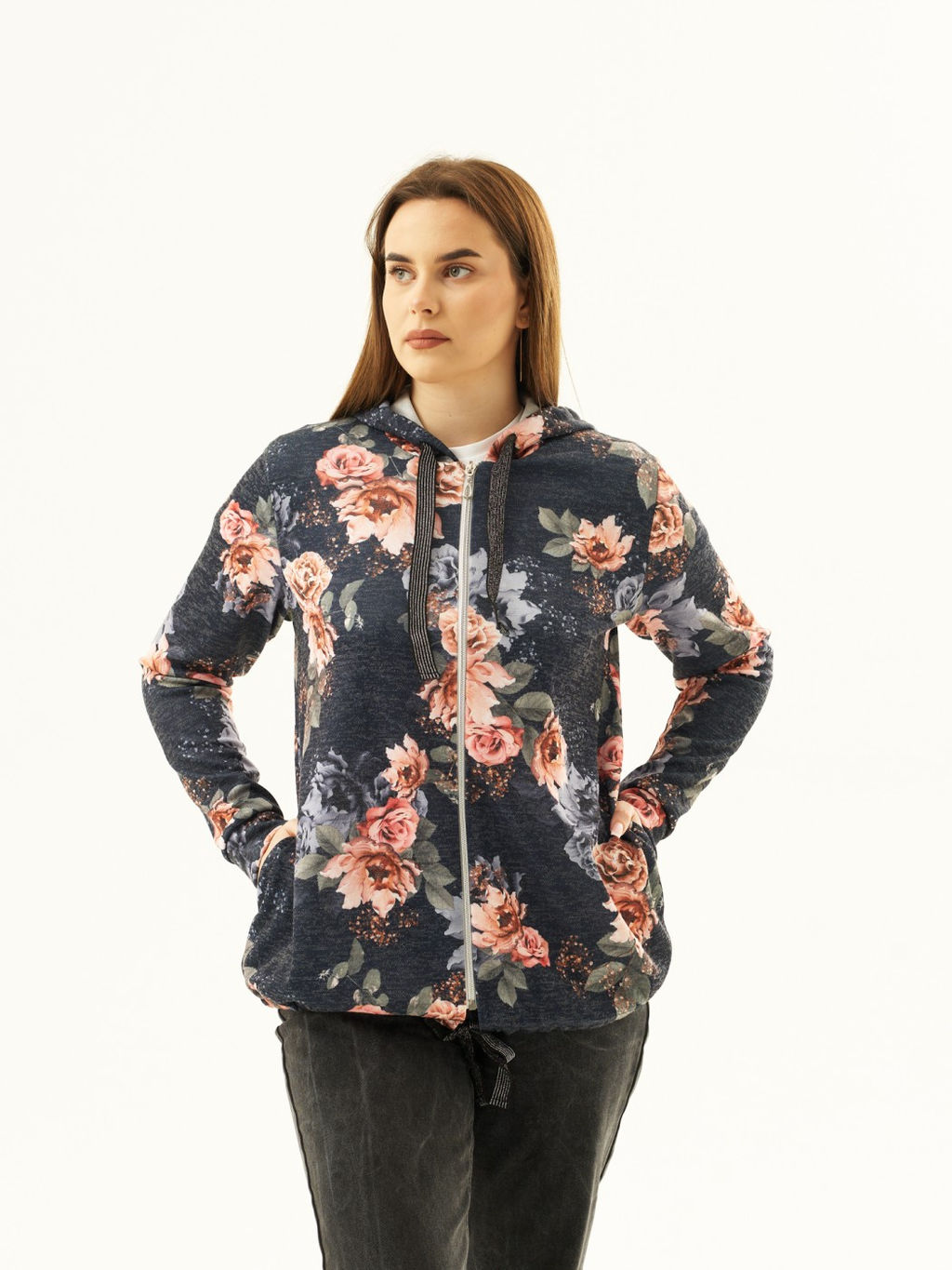 Толстовка женская Мираж ПАН т.синий/цветы