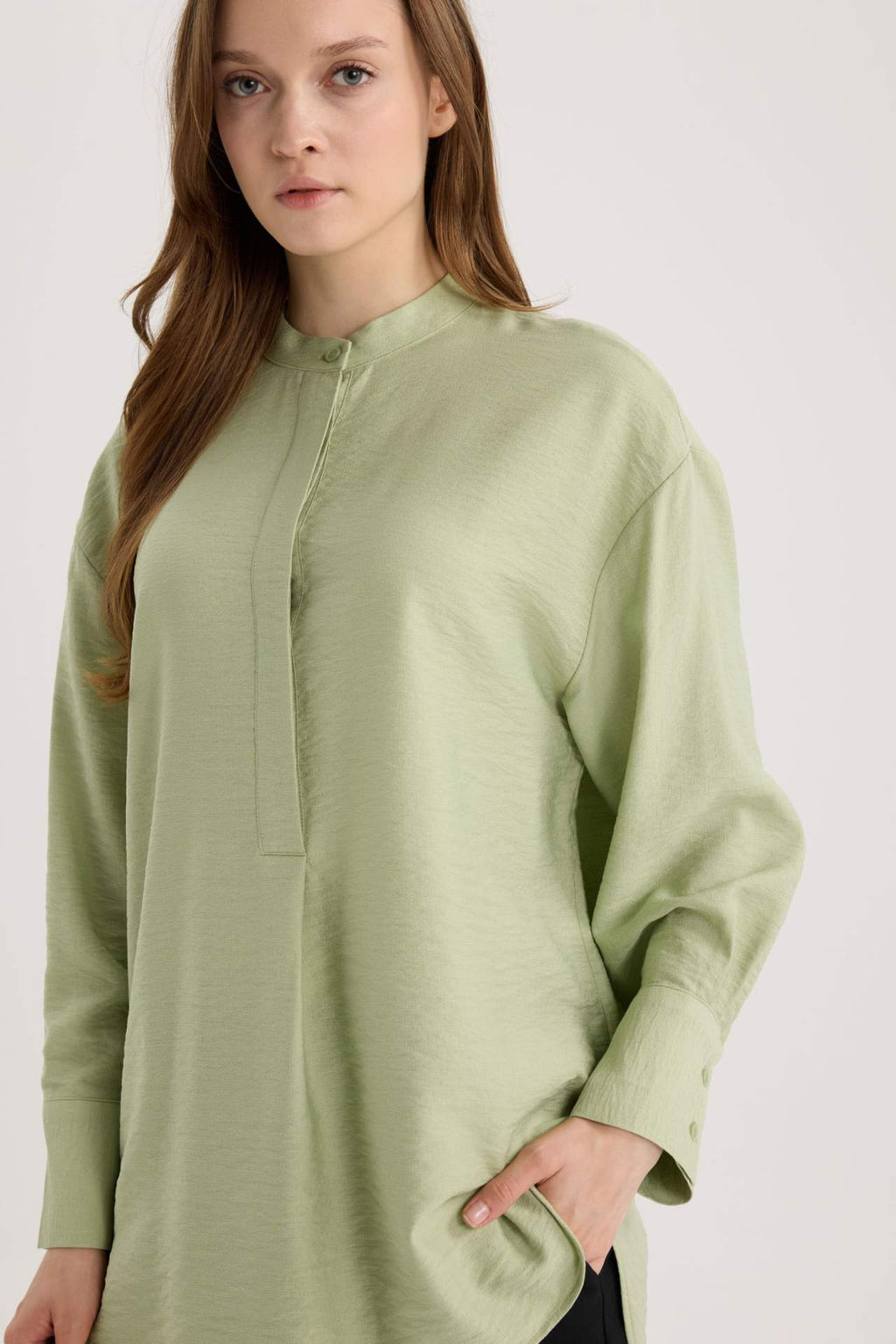 Relax Fit Hakim Yaka Basic Duz Uzun Kollu Gomlek Tunik - Defacto фото 3