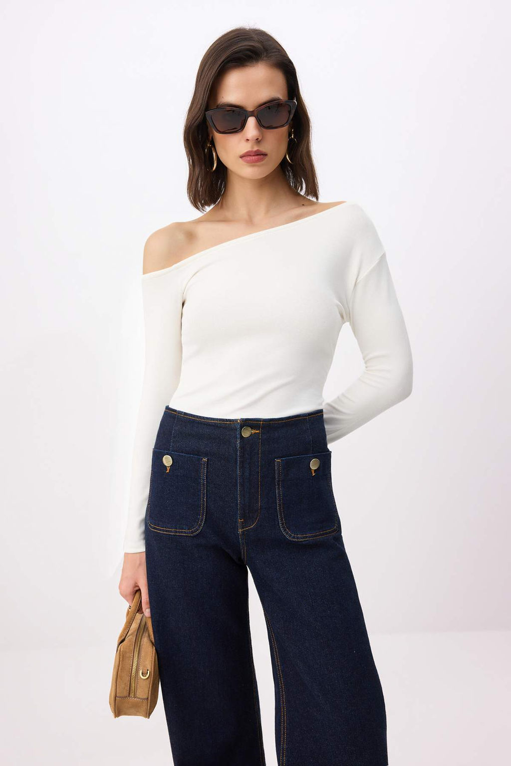 Ekru Fitted/Vucuda Oturan Asimetrik Yaka Uzun Kollu Pamuk Ribana Orme Bluz TWOSS26BZ00719 - Trendyolmilla фото 2