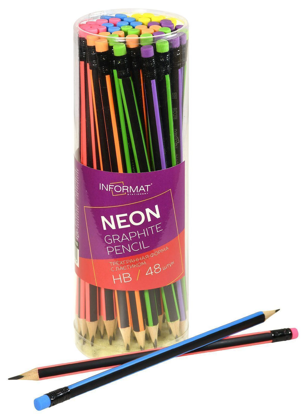 Цена за 10 шт.Карандаш чернографитный INFORMAT NEON HB, заточенный, дерево, трехгранный, с ластиком