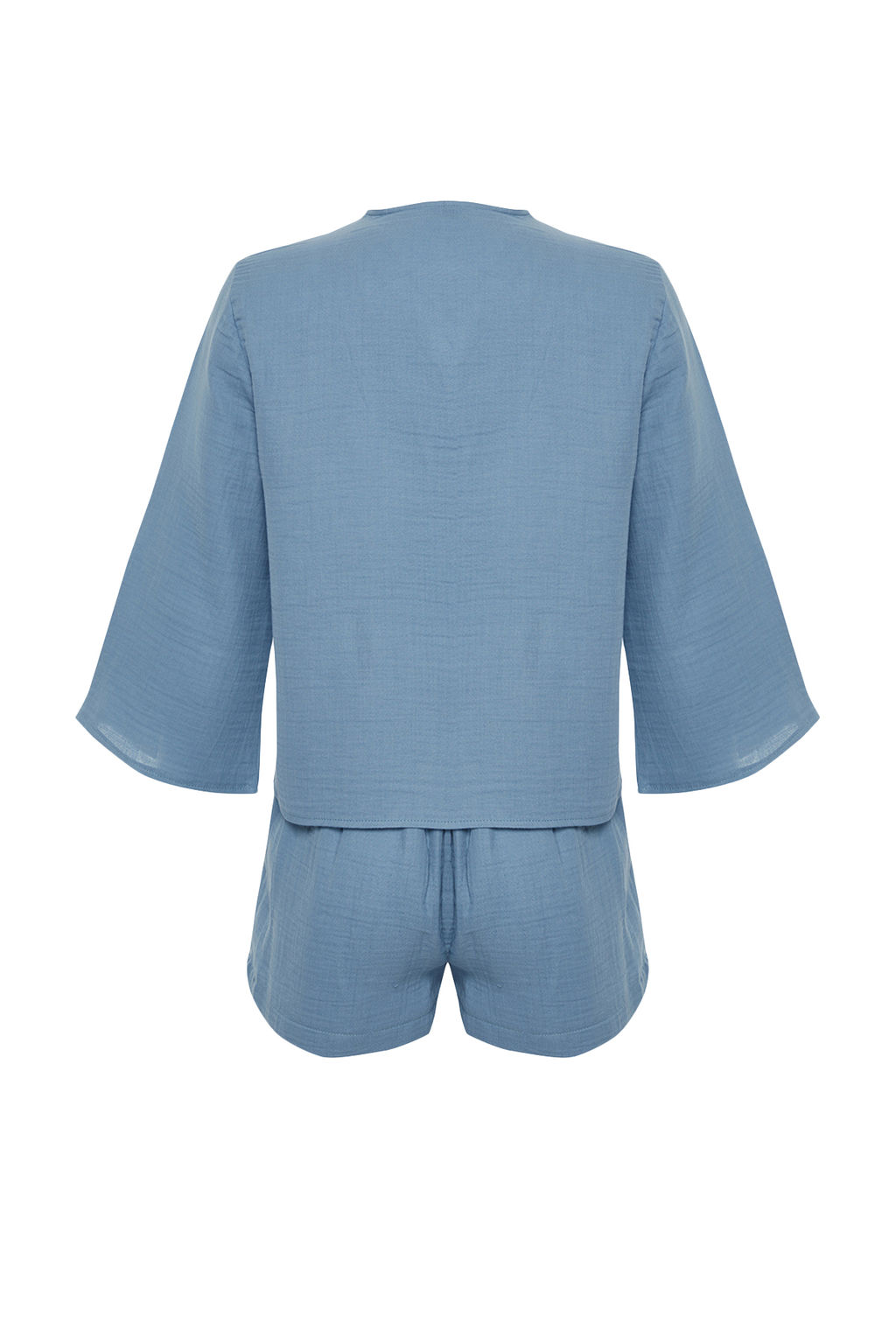 Mavi %100 Pamuklu Baglama/Kurdele/Fiyonk Detayl? Muslin Sortlu Dokuma Pijama Tak?m? THMSS24PT00077