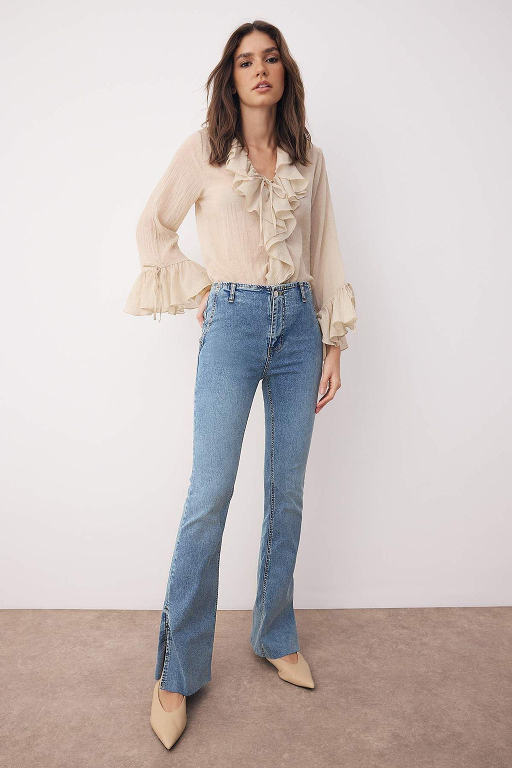 Mavi Yuksek Bel Y?rtmacl? Flare Ispanyol Paca Jeans TWOAW26JE00150