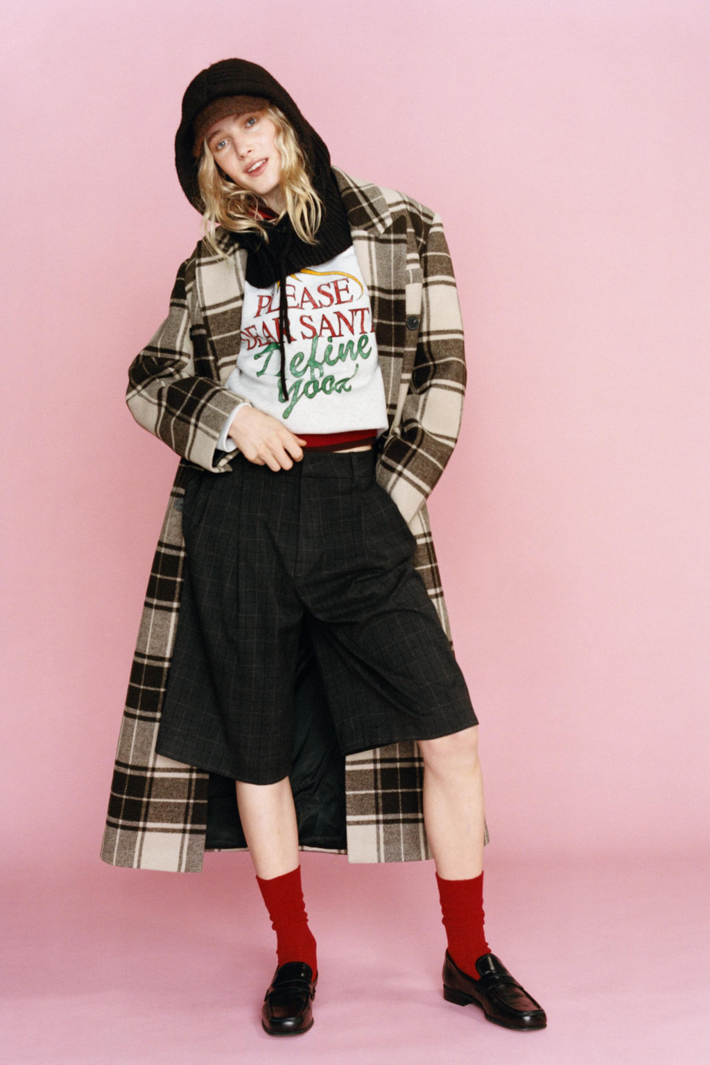 ABRIGO EXTRA LARGO CON LANA CUADROS / ARENA/MARR?N