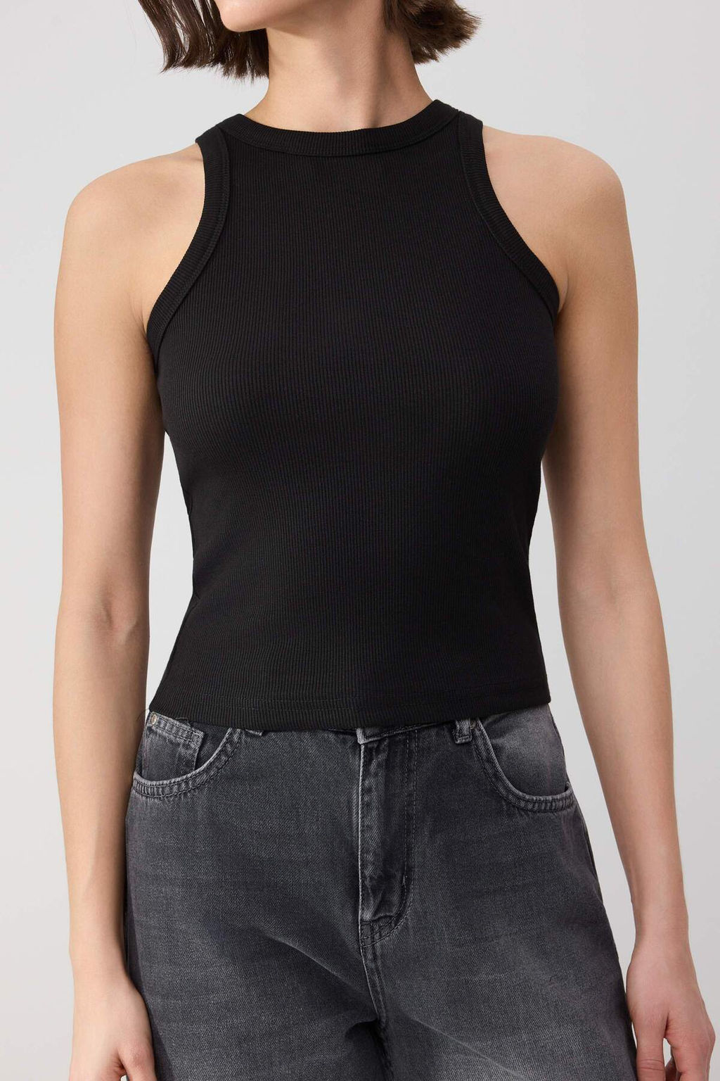 Wardrobe Essentials-Siyah Fitted/Vucuda Oturan Kal?n Ask?l? Esnek Orme Atlet TWOSS26AL00029