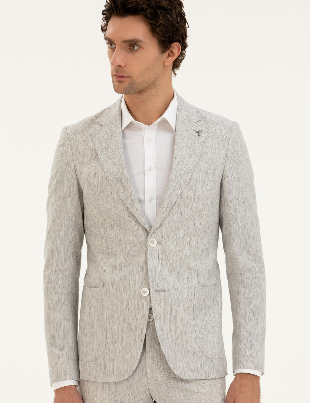 A__k Gri Slim Fit Keten Kar___ml_ Ceket