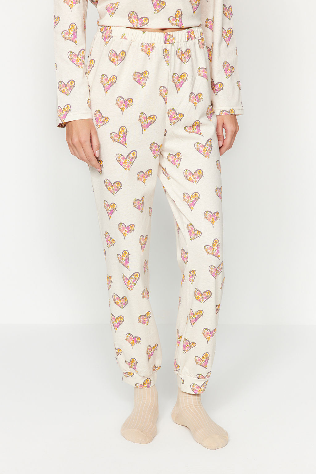 Krem %100 Pamuklu Kalpli Tshirt-Jogger Orme Pijama Tak?m? THMAW24PT00116